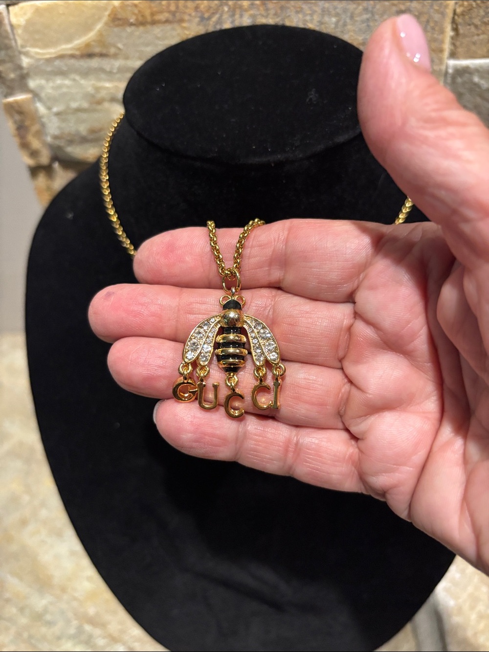 Gold and Black Gucci Bee Pendant Necklace with Crystal Wings - Picture 2 of 6